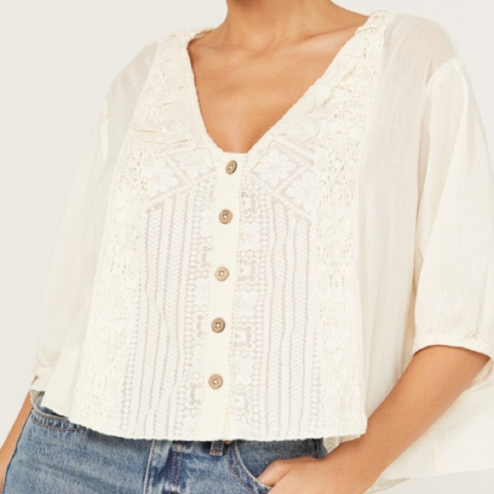 FREE PEOPLE WOMEN'S MAE TOP Boho Western Ofd White Lacey size M